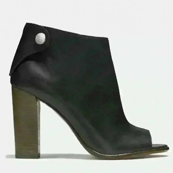 Coach Black Polished calf leather open toe bootie Ankle Zip close size 8 - Picture 1 of 11